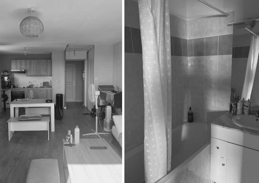 cuisine ouverte dans la pièce de vie vieillissante et salle de bain dans son jus avec anciens meubles abimés