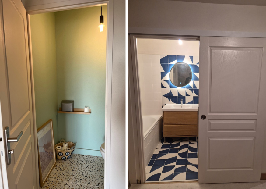 salle de bain avec carrelage géométrique et meuble en bois, toilettes avec carrelage en Terrazzo et peinture vert d'eau   à Besançon